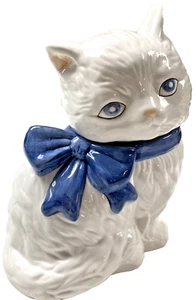 Blue Eyes Persian Cat with Blue Bow Ceramic Cookie Jar - Picture 1 of 19