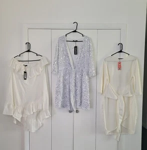 Lot of 3 Womens NWT BooHoo White Bride Party Wedding Dresses Shirt Sequins Sz 20 - Picture 1 of 11