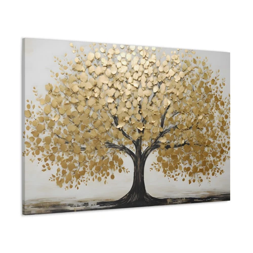 Gold Tree Canvas Golden Black White Oil Painting Print Nature Wall Art Decor