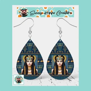 Earrings Egyptian Goddess Pharoah Hieroglyphics Print MDF Hook Backs Sublimated - Afbeelding 1 van 4