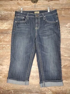 Earl Jean Capri Bling Pocket Cropped Medium Wash Thick Stitch Denim Jeans Sz 10 - Picture 1 of 11