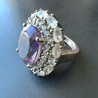 Vintage Cocktail Ring Size 7 Genuine Amethyst Pave Crystal Oval Silver WOW! A271