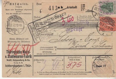 Germany: Parcel Card: Arnstadt to Zurich, 2 February 1922 - Image 1 of 2