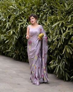 Womens Lavender Saree Floral Digital Print Satin Silk Purple Sari Blouse Ethnic