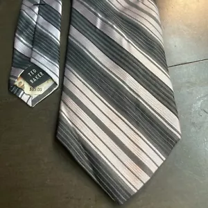 Ted Baker Mens Long Neck Tie Gray/silver Stripe 100% Silk - Picture 1 of 5