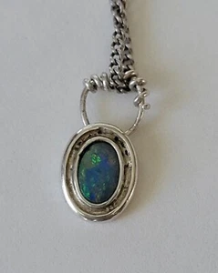 Vintage Sterling Silver Black? Opal Artisan Pendant 15" Necklace - Picture 1 of 17