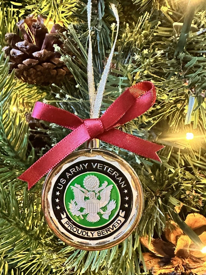 US Army Veteran Challenge Coin Silver Christmas Ornament. Fast Shipping!