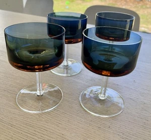 Vintage 1960s Denby Bluerina Krosno Wine Goblets Blue Amber Handblown 4,75 tall - Picture 1 of 9