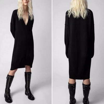 Zadig & Voltaire Deany Merino Wool Dress Medium Black Thumb Holes Oversized - Image 1 of 4