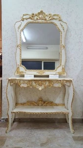 KONSOLE UND SPIEGEL AUS HOLZ ELFENBEIN UND BLATTGOLD MIT KRISTALLEN MÖBEL WOHNZIMMER - Bild 1 von 1