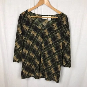 Worthington Women's Metallic Weave Plaid 3/4 Sleeve V Neck Knit Shirt Blouse 1X - Picture 1 of 5