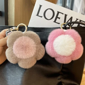 Llavero de piel de conejo real flor del sol pompón bolsa bola de piel dije teléfono colgante regalo - Imagen 1 de 13