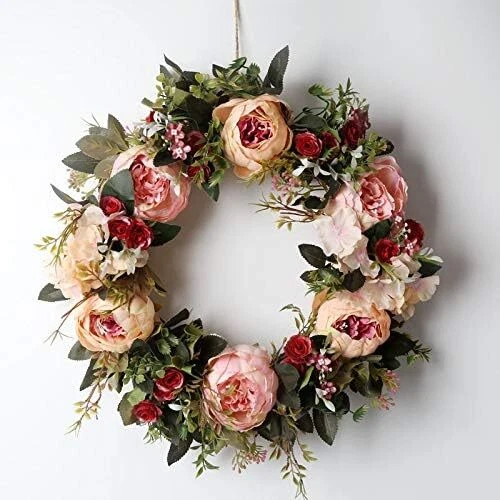 Peony Spring Wreath for Front Door Handmade Pink Floral Wreath Artificial Sp...