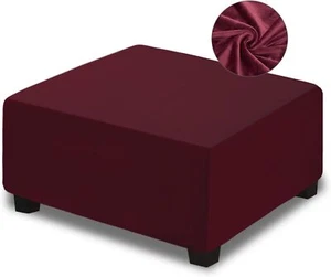 Velvet Ottoman Slipcover Stretch Footrest Stool Cover Large Wine Red - Picture 1 of 6