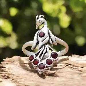 Anillo Piedra Natal Granate Natural Genuino Plata Pavo Real Diseñador Joyería Para Regalos - Imagen 1 de 9