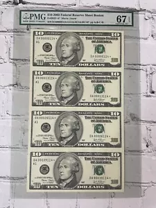 Uncut 4-Note Sheet $10.00 FRN 2003 Boston A/Star Block - Low Serial - PMG 67 EPQ - Picture 1 of 2