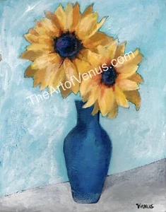 Original Painting Impressionist Yellow Sunflowers Still Life Vase Flowers Canvas - Picture 1 of 10