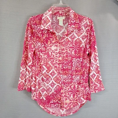 Camisa Caribbean Joe Coral Rosa Patrón Abotonada Manga 3/4 Mujer Talla M Foto 1 de 4