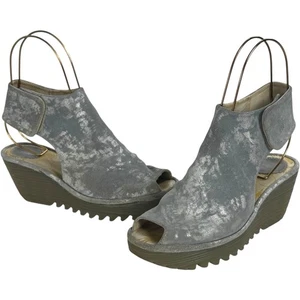Fly London Yone Printed Leather Wedge Platform Sandals Light Blue Women's 37 6.5 - Picture 1 of 12