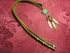 Jeweled Brass Antique Look Charm Necklace 20" Brown Leather Cord - Picture 1 of 2