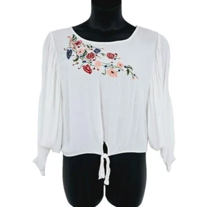 Top Wonderly Peasant XL Blanco Rosa Bordado Floral Arrugado Ala de Murciélago Corbata Cintura - Imagen 1 de 10