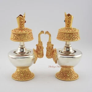 Juego Bhumpa de cobre chapado en plata y oro - Juego de jarrón de agua ritual budista tibetano - Imagen 1 de 11