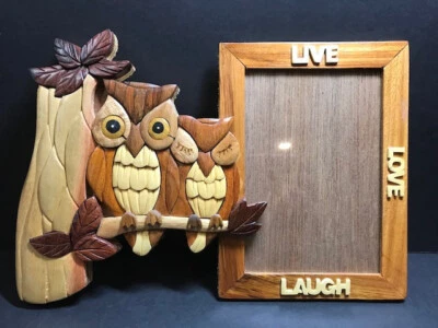 Marco de fotos de arte en madera con intarsia 3D hecho a mano búho y bebé Foto 1 de 2