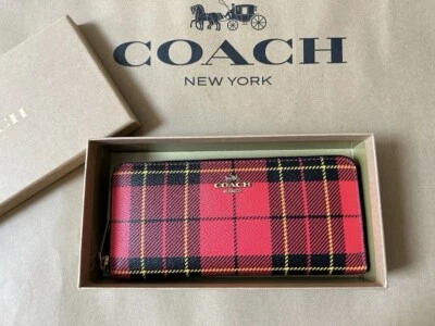 NWT COACH Women’s Accordion Zip Wallet With Red Plaid In Leather With Gift Box - Image 1 of 2