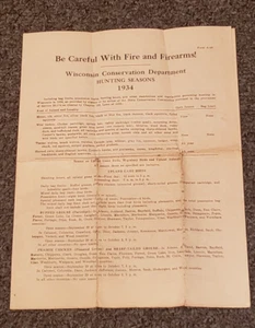 Vintage 1934 Wisconsin Hunting Seasons And Regulations (Form A-56) - Picture 1 of 4