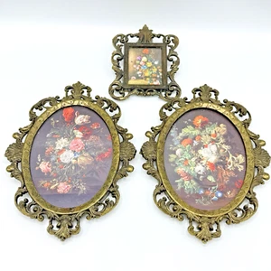 2 Vintage Oval + 1 Rectangle Brass Frame Floral Print Convex Glass Made In Italy - Picture 1 of 12