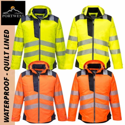 Portwest Premium Hi Vis Winter Jacket - T400 PW3 Waterproof Quilt Lined Coat - Image 1 of 4