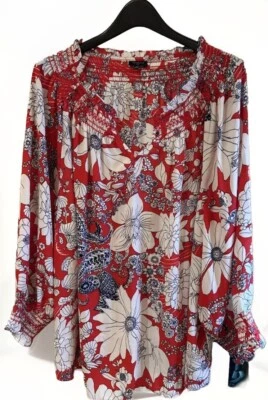 Talbots Womens Blouse  3X Red White Smocked Top Paisley Floral Bright Tropical - Image 1 of 4