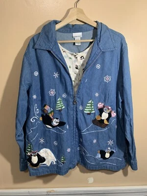 Fashion Bug Xmas Holiday Penguins Zip Up Light Denim Jacket Built-In Shirt 18/20 - Image 1 of 4