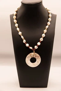 8.5 Brown Glass Bead and Fresh Water Pearl Necklace with Round White Shell Penda - Picture 1 of 8