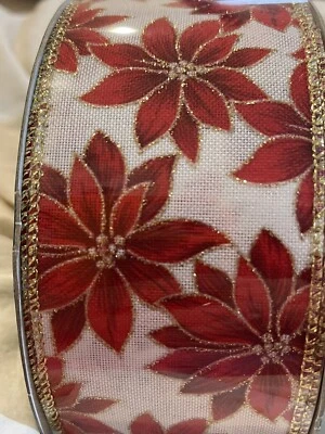 Poinsettia Christmas Ribbon Red & Gold on White Wired 2-1/2" X 50 Yards Kirkland - Image 1 of 4