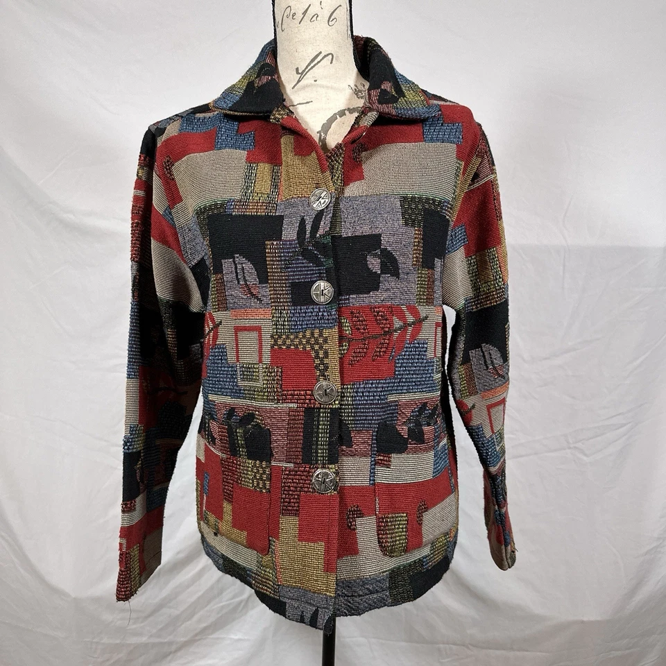 Chaqueta Tapiz Jane Ashley Mujer Mediana Roja Retazos Floral Hoja Bolsillo Azteca Foto 1 de 4