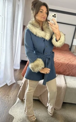 Casaco Sears vintage 1960’s pele aparada punhos cinto azul tamanho médio - Imagem 1 de 4