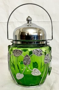 Vtg Emerald Green Glass Biscuit Jar Musikalische Silbermetall-Filigran-Überlagerung 9,5" - Bild 1 von 9