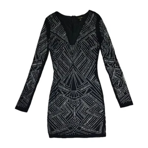 J.OUR Black Mini Bodycon Long Sleeve Dress Geometrical Rhinestones pattern Sz S - Picture 1 of 6