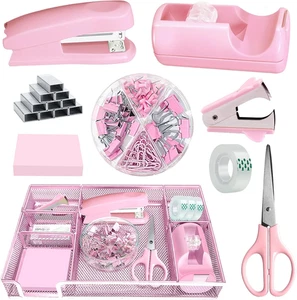 Organizador de cajones de escritorio, juego de grapadora y dispensador de cinta, dispensador de cinta, metal, rosa - Imagen 1 de 12