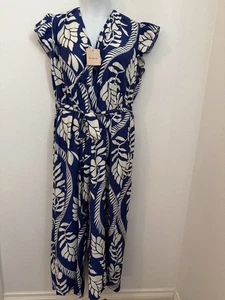 Tuta Bloomchic floreale blu bianca hawaiana gamba larga taglia 18 nuova orlo con volant - Foto 1 di 8