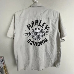 Harley Davidson L Beige Embroidered Spell Out Shirt Short Sleeve Biker - Picture 1 of 10