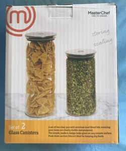 Set of 2 Clear Glass Master Chef Canisters Sealing Stainless Lids 6.5” & 8.5” - Picture 1 of 9