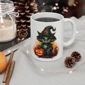 Halloween Keramik Kaffeebecher süß purrfectly bezaubernd Katze-Hexe 11oz oder 15oz - Bild 1 von 16