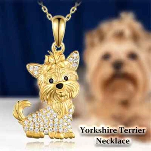 Yorkshire Terrier Rhinestone Pendant Necklace Dog Lover Gift Women Girls Golden - Picture 1 of 3