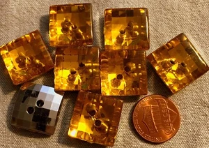 8 Light Amber Faceted Silver Tone Backing Square Plastic Buttons 3/4" 19MM #2803 - Picture 1 of 1