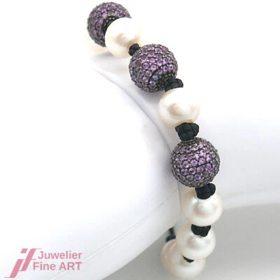 Perlenarmband - 10 Zuchtperlen - pinke Saphire ca. 6,0 ct -15- 20 cm - 12,5 g - Bild 1 von 2