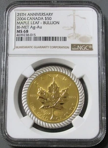 2004 GOLD CANADA 801 MINTED NGC MS 68 BI-METALLIC $50 MAPLE 25th ML ANNIVERSARY - Picture 1 of 2