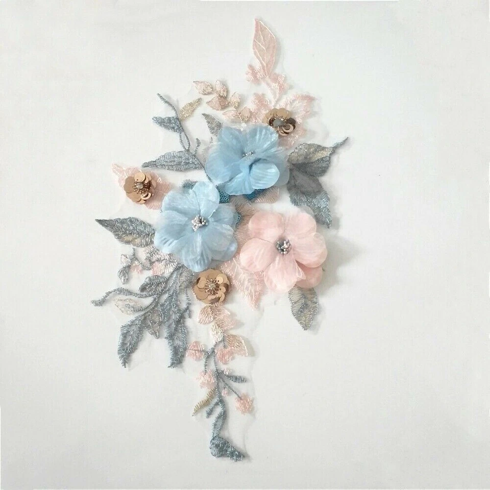 Embroidered Appliques Floral Patch Lace Mesh Sequin Shiny for Wedding Dress Chic - Image 1 of 4