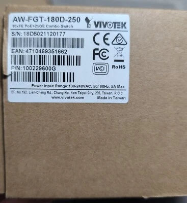AW-FGT-180D-250 Vivotek 16xFE PoE + 2xGE Combo Unmanaged Switch OPEN BOX NEW - Image 1 of 3